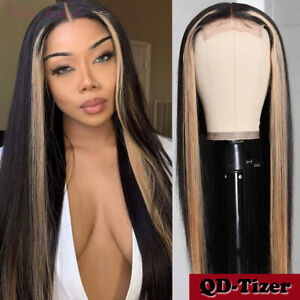 Ombre Straight Highlight Lace Front Remy Human Hair Wigs Blonde T27 Mixed Color
