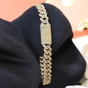 Pave 4.48 TCW Round Brilliant Cut Natural Diamonds Cuban Men's Bracelet 14K Gold - Picture 1 of 13