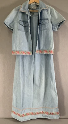 Vintage Studio Ease Denim Set Women Size 12 Dress & Jacket Floral Trim - Image 1 of 4