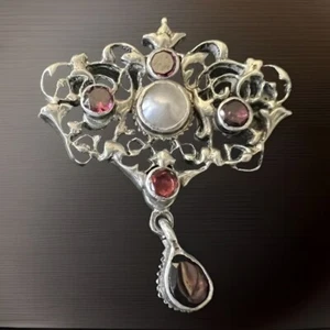 Antique Hungarian Vermeil Pin/Brooch w/Blister Pearl & Garnets - Picture 1 of 7