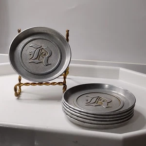 Vintage Office Coasters -R Initial Pewter Hammered Forged Metal Crest Set of 6  - Picture 1 of 6