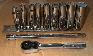 1/4" Drive Proto 10 Piece Deep Socket Set 6 Point W/ Blue Point Ratchet - Picture 1 of 1