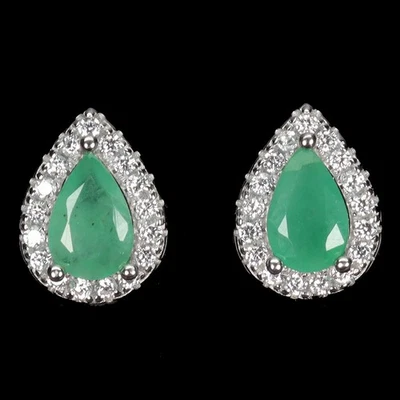 925 Sterling Silver Earrings Pear Emerald 6x4mm Natural Gemstone Jewelry - Image 1 of 4