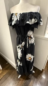 Desigual Black Daisy Off Shoulder Maxikleid mit Gürtel. Größe S - Bild 1 von 8