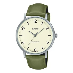 Casio MTP-VT03L-7B Men's Green Leather Band Gray Concave Beige Dial Analog Watch - Picture 1 of 2