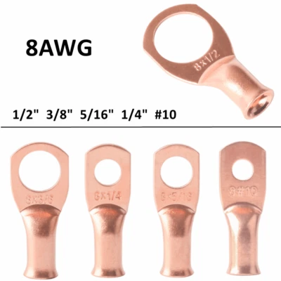 8AWG Ring 5/16" 1/4''  3/8" Terminal Un-insulated Battery Copper Lug Connector - Image 1 of 4