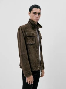 New Massimo Dutti Suede Leather Overshirt Jacket S 3307/228 Khaki coat sweater - Picture 1 of 6