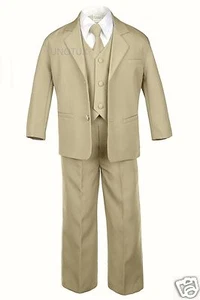 5pc Set Baby Toddler Child Kid Teen Boy Formal Wear Khaki Taupe Tuxedo Suit S-20 - Picture 1 of 3
