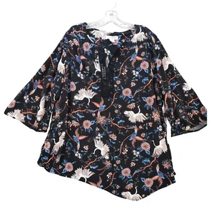 Skye's The Limit Floral Crane Bird Bluebird Print Tunika Top asymmetrisch schwarz 2X - Bild 1 von 10