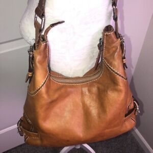 MICHAEL KORS Handbag Cognac Brown Leather Vintage Saddle Bag Side Buckles 