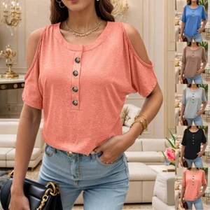 Womens Sexy Cold Shoulder Tunic Tops Ladies Summer Button Neck T Shirt Blouse - Picture 1 of 22
