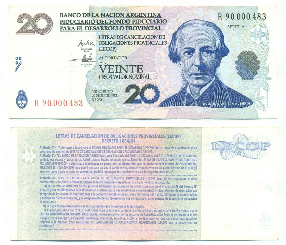 ARGENTINA EMERGENCY NOTE 20 PESOS (LECOP) OLIVERA-SCALA REPLACEMENT EC# 206R AXF - Image 1 of 1