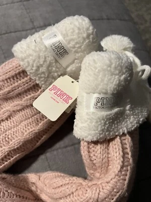 Victoria's Secret Pink Knee-High Knit Slippers Socks With White Pom Poms New NWT - Image 1 of 4