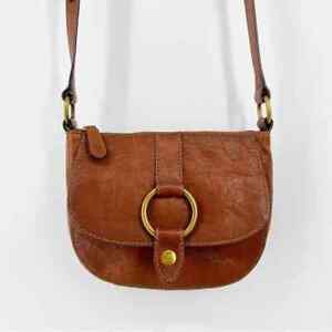NEW Frye Leather Small Saddle Bag Crossbody Purse Zip Top Brass Ring Brown