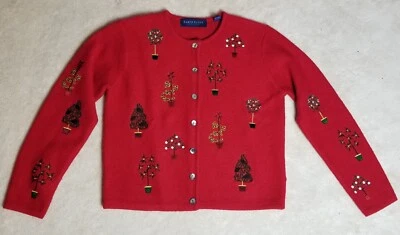 Karen Scott💕 Suéter de Navidad PM 100% Lana Cárdigan Abotonado Bordado Rojo  Foto 1 de 4