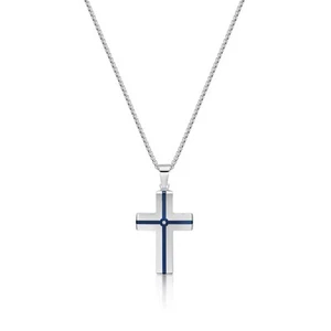 Blue Ion Plated Stainless Steel Cross Pendant with CZ - 24 Inch Round Box Chain - Picture 1 of 7