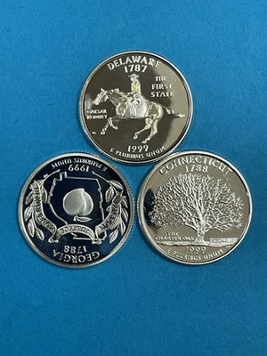 3-Coins 25c SILVER 1999S State Quarters Proof DE/GA/CT 90% Silver - Image 1 of 4