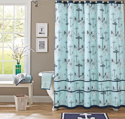 Better Homes and Gardens Cortina de Ducha Náutica Azul Claro Azul Marino 72X72 Anclajes Foto 1 de 4