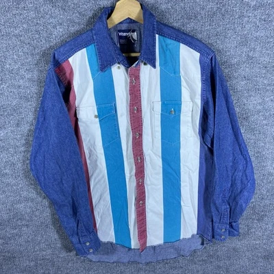 Vtg Wrangler X Long Tails Shirt Mens L Blue Stripe Denim Button Up Cowboy USA - Image 1 of 4