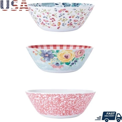 Juego de 3 ensaladeras de melamina coloridas para servir diseños florales aptas para lavavajillas Foto 1 de 4