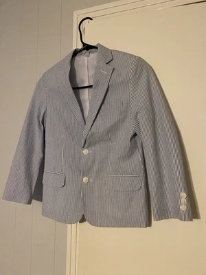 Class Club Boys Blue White Stripe Seersucker Blazer Jacket Sz 8 Pearl Wht Button - Image 1 of 4