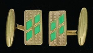 Vintage Art Deco Gold Plated Brass Green Enamel Rectangular Cuff Links - Picture 1 of 2