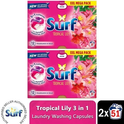Surf 3 in 1 Laundry Washing Detergent Capsules Tropical Lily, 102 Washes - Image 1 of 4