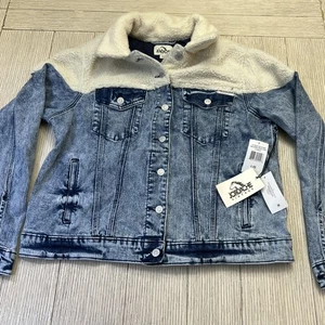 Jordache giacca vintage donna grande lavaggio leggero Sam Sherpa denim foderata pelliccia sintetica - Foto 1 di 9