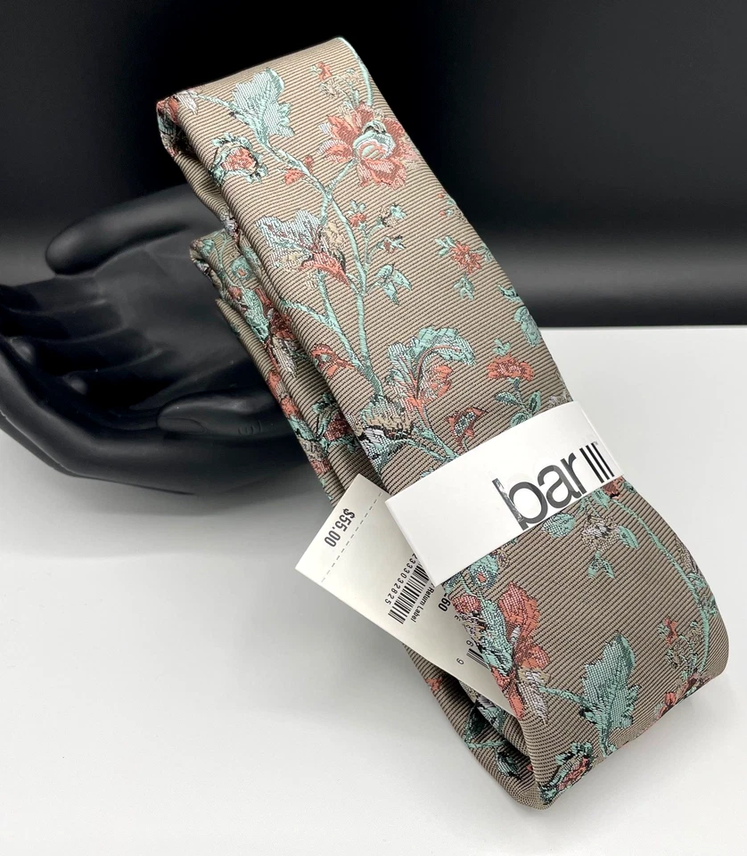 Bar III 男式丝绸混纺领带 ~ 灰褐色 ~ 花卉 ~ 全新 MSRP:55 美元。 — 第 1/3 张图片