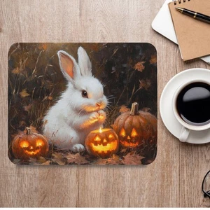 Halloween Bunny Mouse Pad White Rabbit with Pumpkins Spooky Cute Autumn Desk - Picture 1 of 5