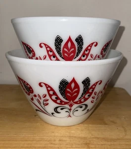 2-Vtg Hocking Fire King Red & Black Modern Tulip Tapered Mixing Bowl 8.5,9.5 D - Picture 1 of 5