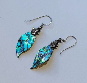 Vintage Sterling Silver Abalone Shell Detailed Leaf Pierced Hook Dangle Earrings - Picture 1 of 8
