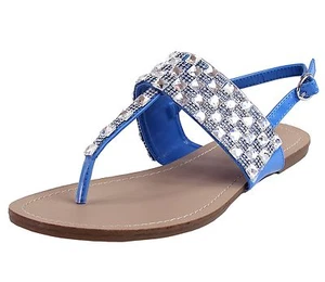 Nuevo Mujer Zapatos Punta Abierta Sandalia T Correa Informal Fiesta Color Estrás Azul - Imagen 1 de 10