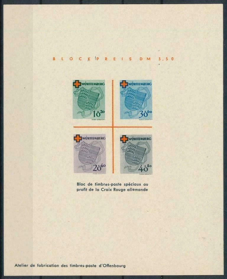 French Zone - Wurttemberg 1949 - Red Cross ,Scott# 8NB4 - Souv Sheet  PROOF - Image 1 of 1