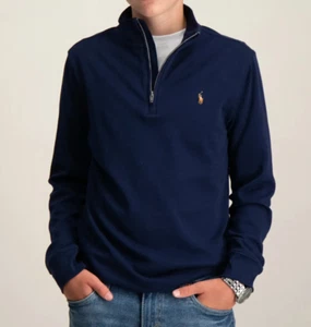 NWT Polo Ralph Lauren NAVY BLUE COTTON INTERLOCK Half-Zip Shirt Boys S/8 PONY - Picture 1 of 3