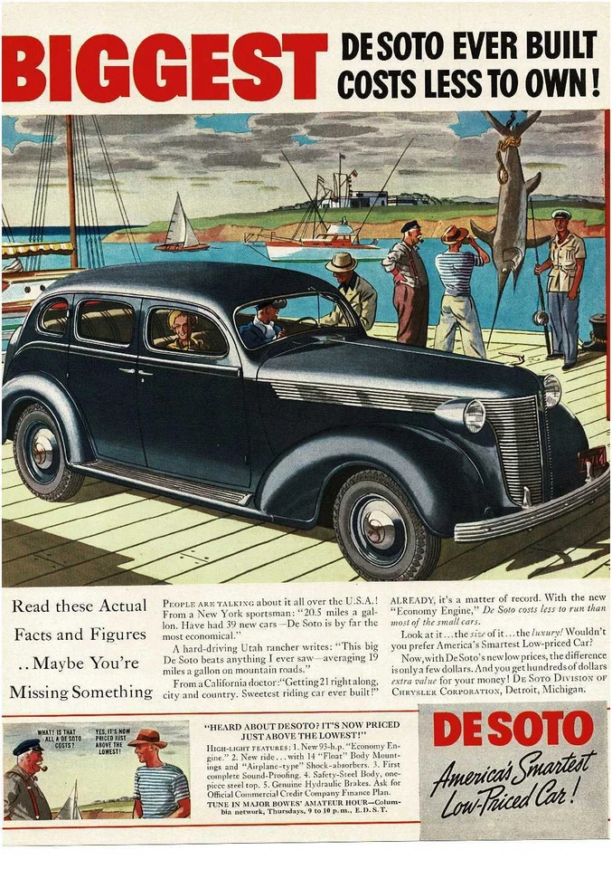 DeSoto 1937 azul oscuro sedán de 4 puertas pescadores de aguas profundas pez espada anuncio impreso de colección Foto 1 de 1