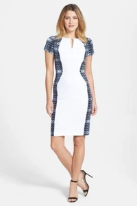Classiques Entier Rivas Stretch Cotton Silk Sheath Dress siz 14 White Black 100K - Picture 1 of 10