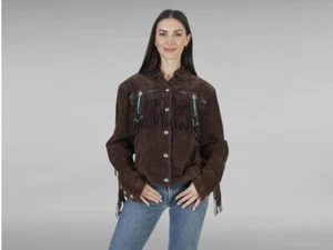 Women Brown Western Cowboy Style Suede Leather Jacket With Fringe & Beaded Work - Picture 1 of 3