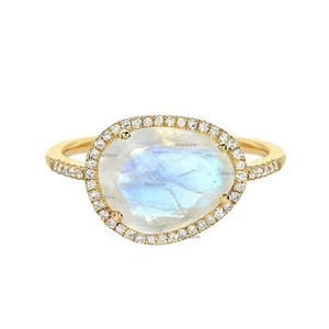 Rose Cut Moonstone & Pave Diamond Halo Ring 14k Solid Yellow Gold Minimalist - Picture 1 of 20
