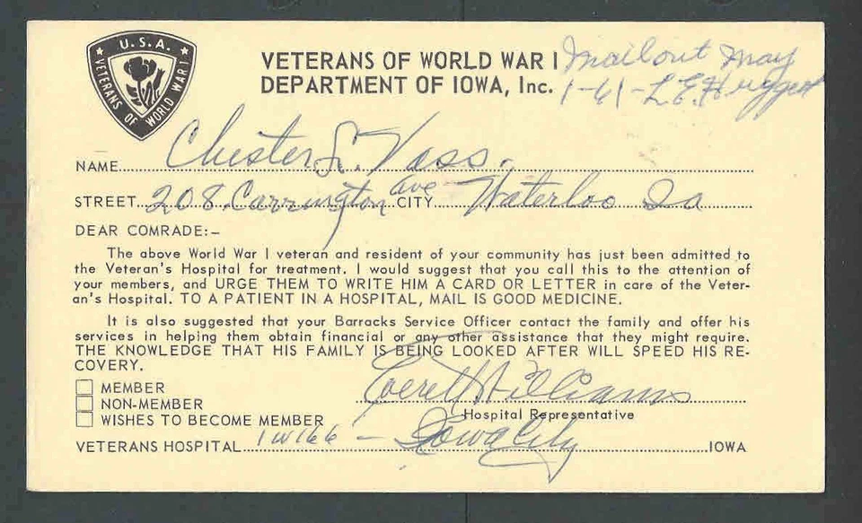 1967 PC WW1 Veterans Admitted To Hospital Wants You To Write Its Good See Info - Image 1 of 1