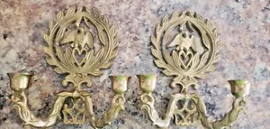 Set of 2 Vintage Solid Cast Brass Eagle Candle Holder Wall Sconce - Picture 1 of 3