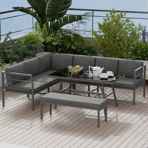 Essgruppe Aluminium Lounge Ecksofa mit Sitzbank Grau Tisch wetterfest - Bild 1 von 6