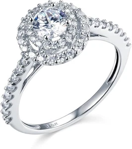 Anillo de compromiso de boda de doble halo redondo de 2,25 quilates de oro blanco real de 14 quilates - Imagen 1 de 3