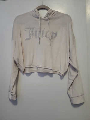 Juicy Couture Pullover Velour Hoodie Cropped Sequin Embellishments White Large - Image 1 of 4