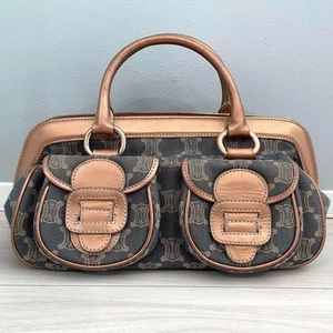 CELINE Handbag Denim Leather Paris Macadam Triomphe Navy Brown Women From Japan - Picture 1 of 12