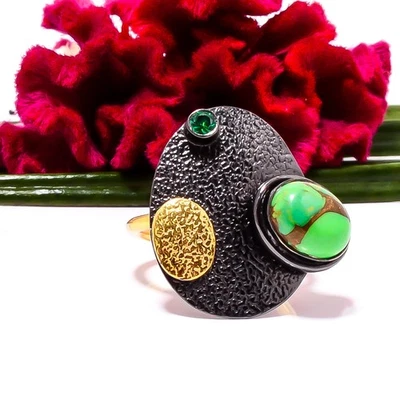 Anel de prata esterlina 925 verde cobre turquesa folheado a ouro tsavorita p.7.5 Sk5 - Imagem 1 de 4