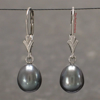 Black Cultured Pearl Dangle Earrings - 14k White Gold Leverback - Image 1 of 2