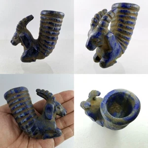 Antiguo recipiente de lapislázuli Rhyton del Cercano Oriente Cabeza de ibex Mango tallado 3" #372 - Imagen 1 de 3