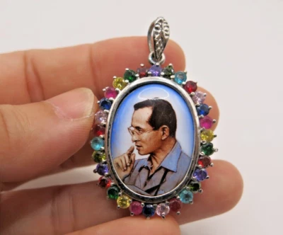 Multi Color Gemstone 925 Silver Thailand Gift King Bhumibol Rama Pendant Brooch - Image 1 of 4