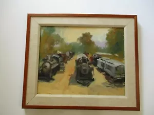 RAY HARRIS OIL PAINTING AMERICAN LANDSCAPE TRAIN RAILROAD CAR IMPRESSIONISM - Picture 1 of 8